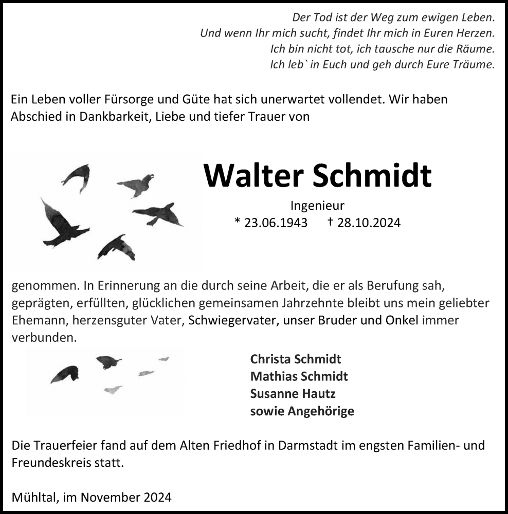  Traueranzeige für Walter Schmidt vom 23.11.2024 aus Darmstädter Echo
