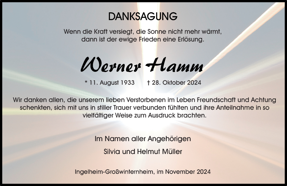  Traueranzeige für Werner Hamm vom 30.11.2024 aus Allgemeine Zeitung Rheinhessen-Nahe
