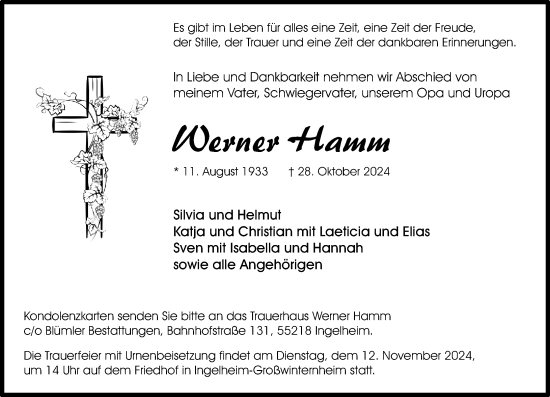 Traueranzeige von Werner Hamm von Allgemeine Zeitung Rheinhessen-Nahe