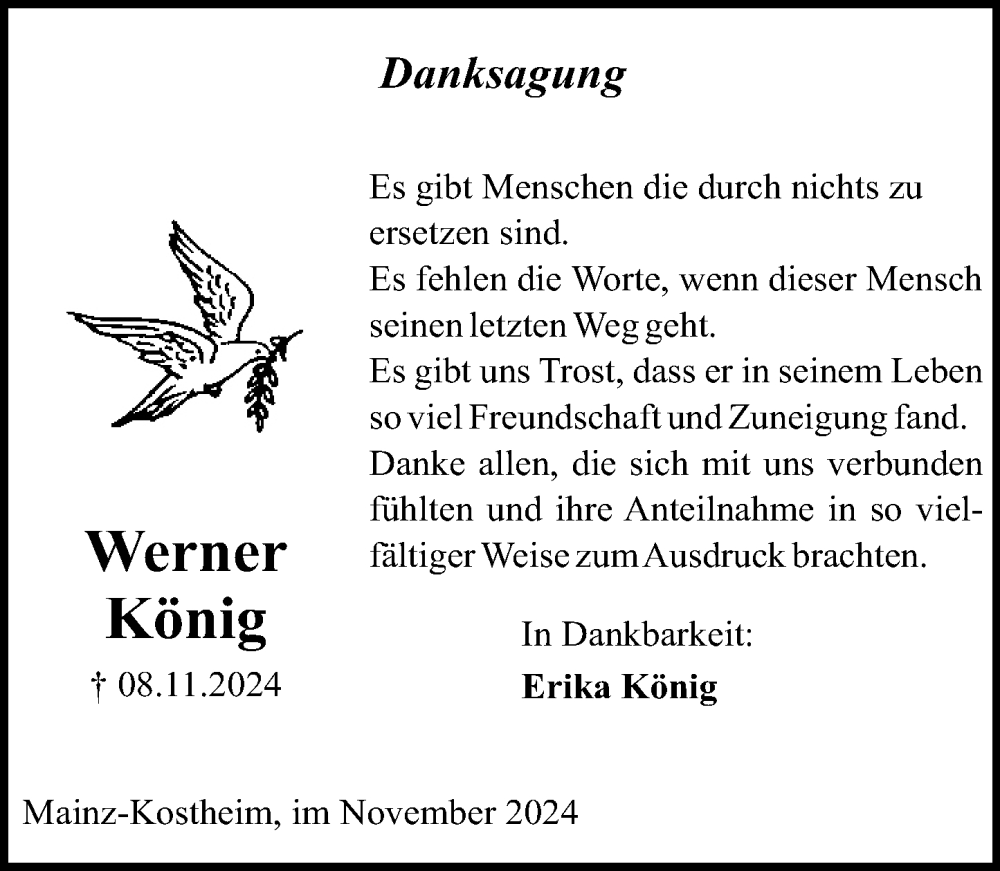 Traueranzeige für Werner König vom 30.11.2024 aus Allgemeine Zeitung Mainz