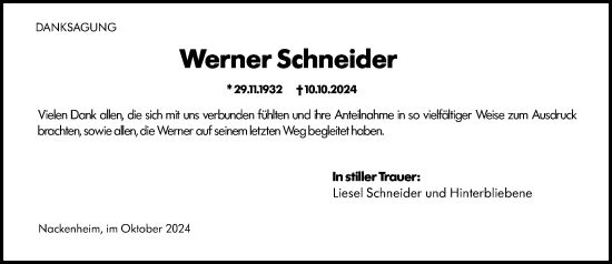 Traueranzeige von Werner Schneider von Allgemeine Zeitung Mainz