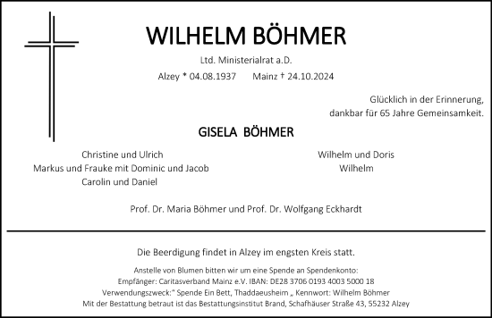 Traueranzeige von Wilhelm Böhmer von Allgemeine Zeitung Alzey