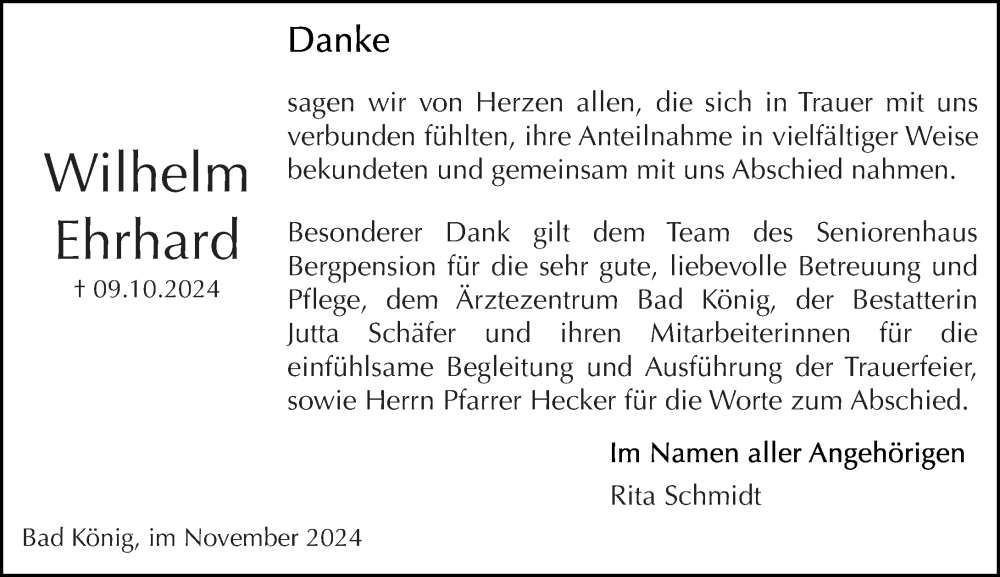  Traueranzeige für Wilhelm Ehrhard vom 16.11.2024 aus Odenwälder Echo