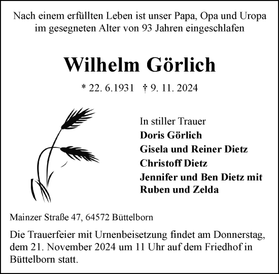 Traueranzeige von Wilhelm Görlich von Groß-Gerauer Echo