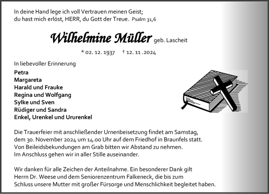Traueranzeige von Wilhelmine Müller von Wetzlarer Neue Zeitung