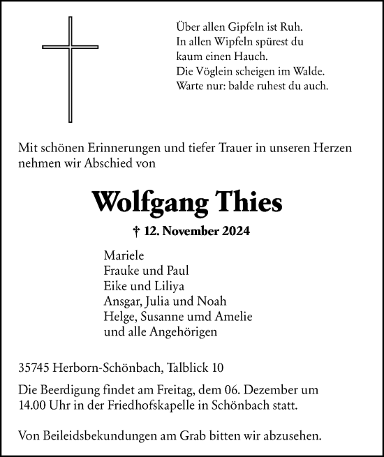 Traueranzeige von Wolfgang Thies von Dill Block
