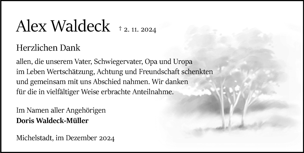  Traueranzeige für Alex Waldeck vom 07.12.2024 aus Odenwälder Echo