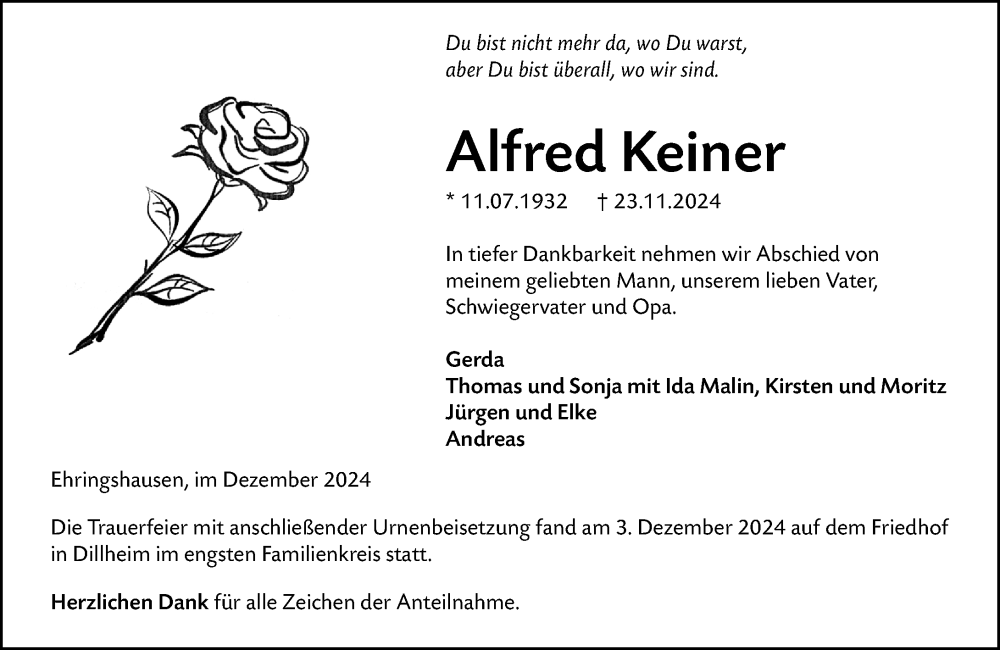  Traueranzeige für Alfred Keiner vom 07.12.2024 aus Wetzlarer Neue Zeitung
