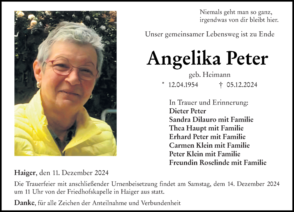  Traueranzeige für Angelika Peter vom 11.12.2024 aus Dill Block