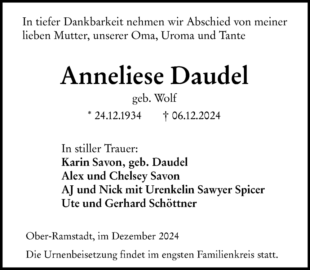  Traueranzeige für Anneliese Daudel vom 21.12.2024 aus Darmstädter Echo