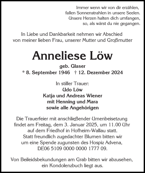 Traueranzeige von Anneliese Löw von Wiesbadener Kurier