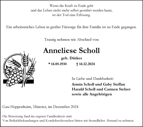 Traueranzeige von Anneliese Scholl von Allgemeine Zeitung Alzey