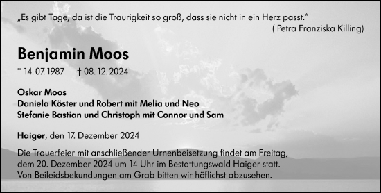 Traueranzeige von Benjamin Moos von Dill Block