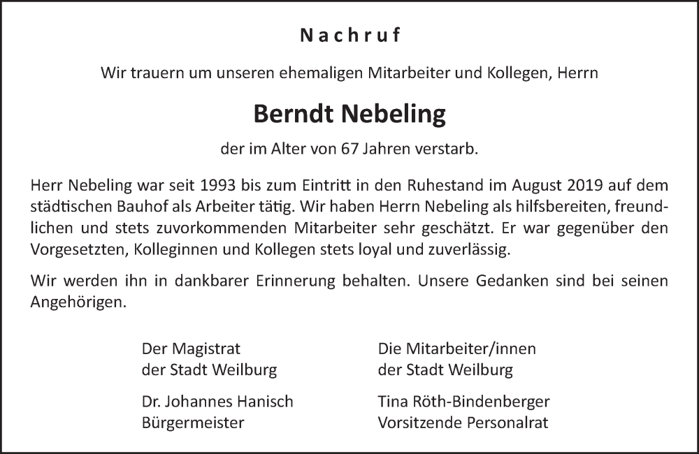  Traueranzeige für Berndt Nebeling vom 07.12.2024 aus Weilburger Tageblatt