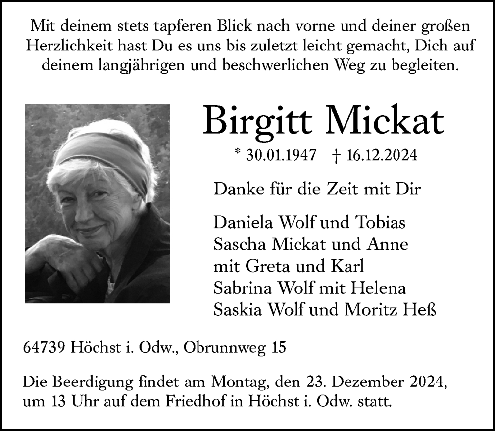 Traueranzeige für Birgitt Mickat vom 21.12.2024 aus Odenwälder Echo