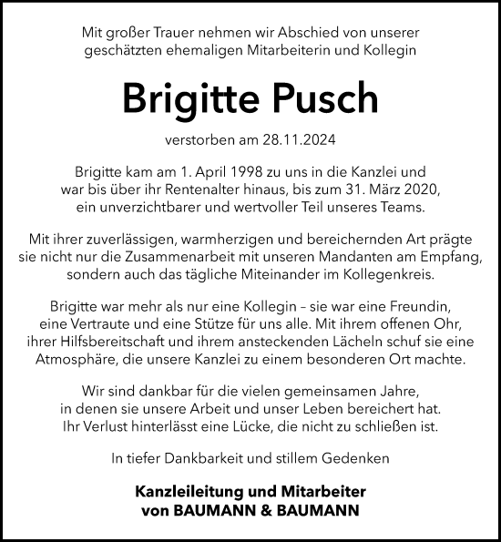 Traueranzeige von Brigitte Pusch von Darmstädter Echo
