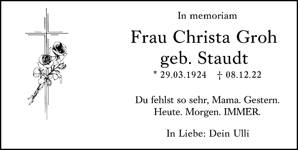  Traueranzeige für Christa Groh vom 07.12.2024 aus Wetzlarer Neue Zeitung