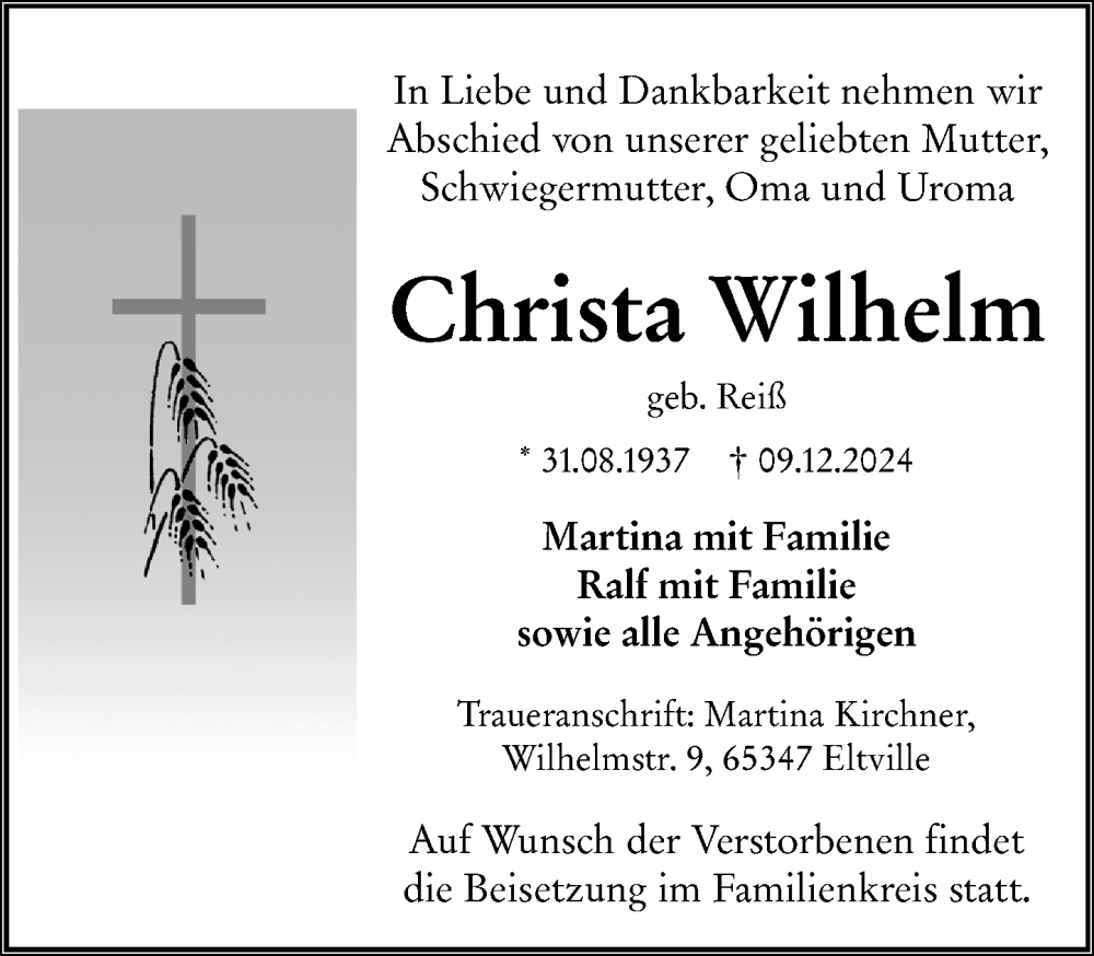  Traueranzeige für Christa Wilhelm vom 14.12.2024 aus Wiesbadener Kurier