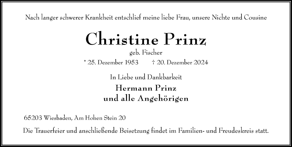  Traueranzeige für Christine Prinz vom 28.12.2024 aus Wiesbadener Kurier