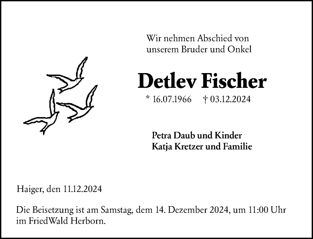  Traueranzeige für Detlev Fischer vom 11.12.2024 aus Dill Block