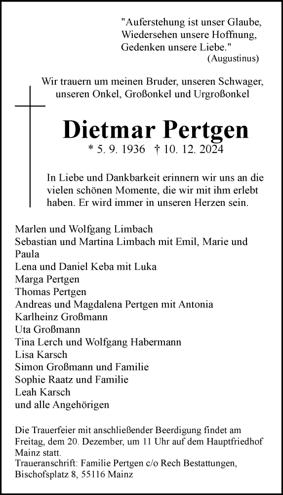  Traueranzeige für Dietmar Pertgen vom 14.12.2024 aus Allgemeine Zeitung Mainz