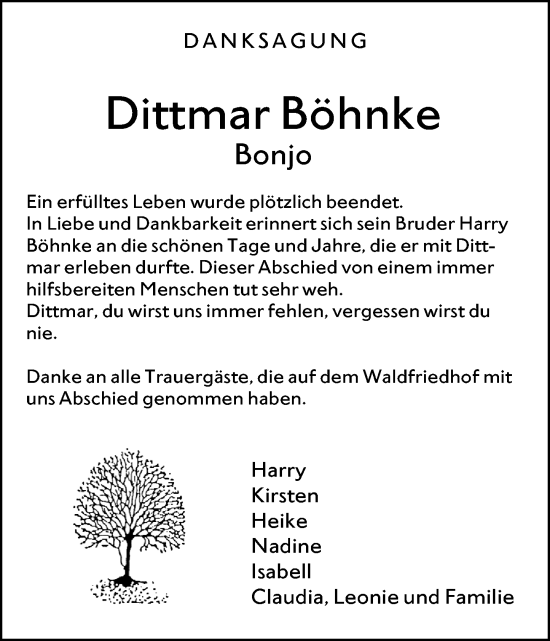 Traueranzeige von Dittmar Böhnke von Weilburger Tageblatt