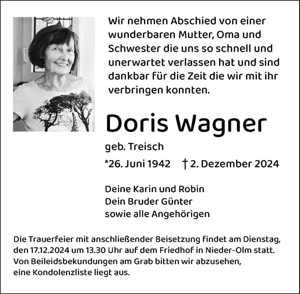  Traueranzeige für Doris Wagner vom 14.12.2024 aus Allgemeine Zeitung Mainz