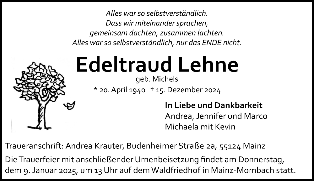  Traueranzeige für Edeltraud Lehne vom 21.12.2024 aus Allgemeine Zeitung Mainz