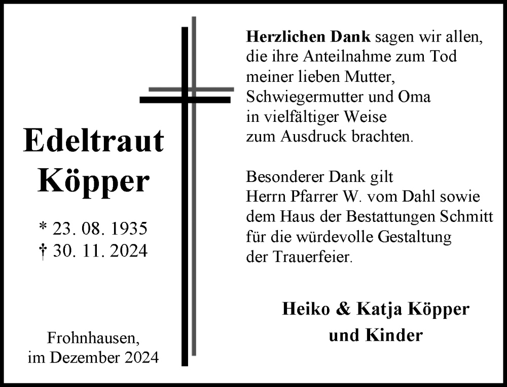  Traueranzeige für Edeltraut Köpper vom 28.12.2024 aus Dill Block