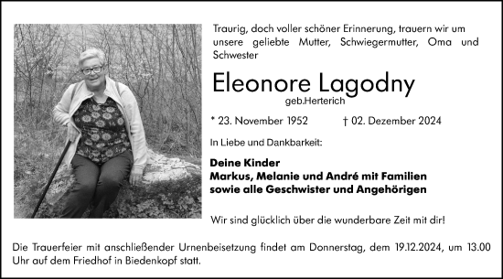 Traueranzeige von Eleonore Lagodny von Hinterländer Anzeiger