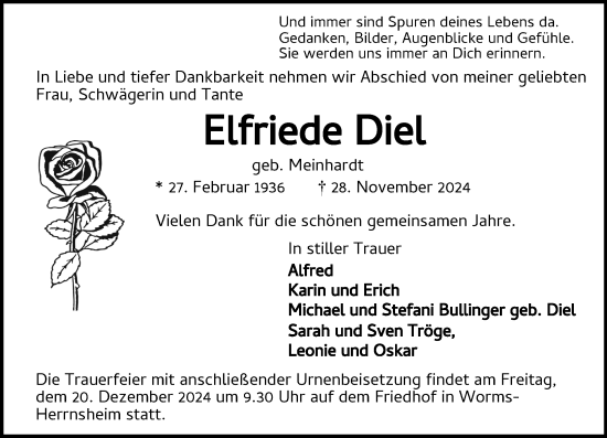 Traueranzeige von Elfriede Diel von Wormser Zeitung