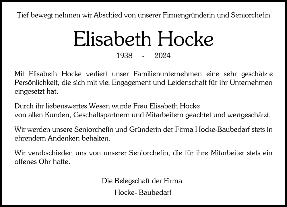  Traueranzeige für Elisabeth Hocke vom 21.12.2024 aus Wiesbadener Kurier