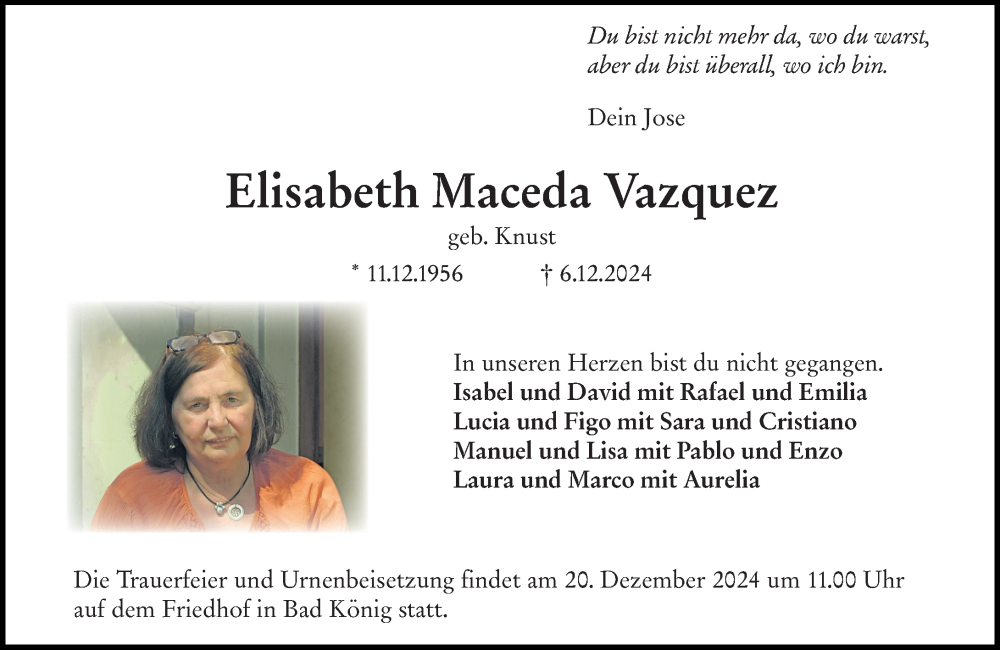  Traueranzeige für Elisabeth Maceda Vazquez vom 14.12.2024 aus Odenwälder Echo