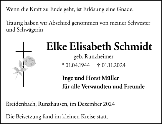 Traueranzeige von Elke Elisabeth Schmidt von Hinterländer Anzeiger