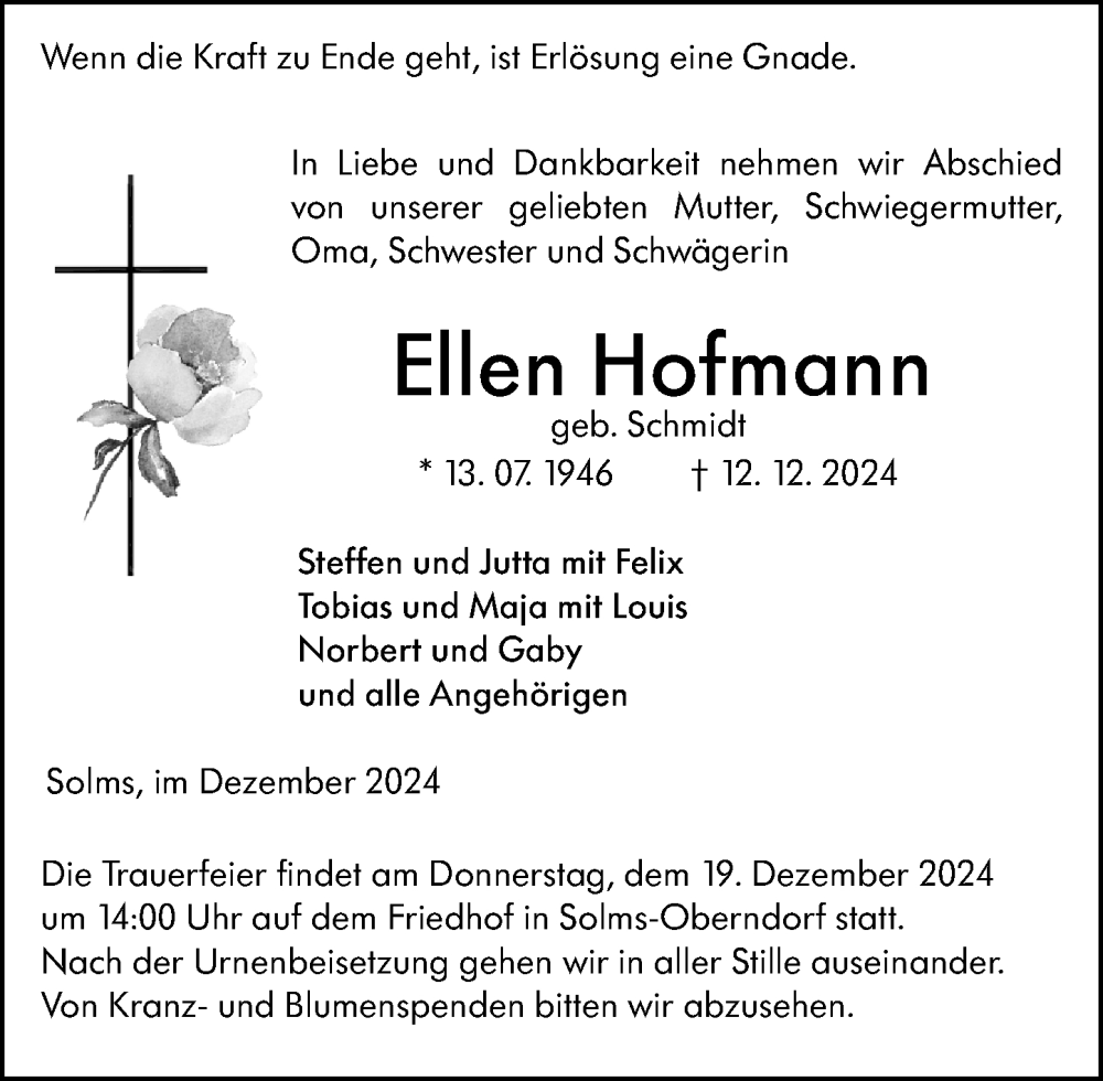 Traueranzeige für Ellen Hofmann vom 16.12.2024 aus Wetzlarer Neue Zeitung