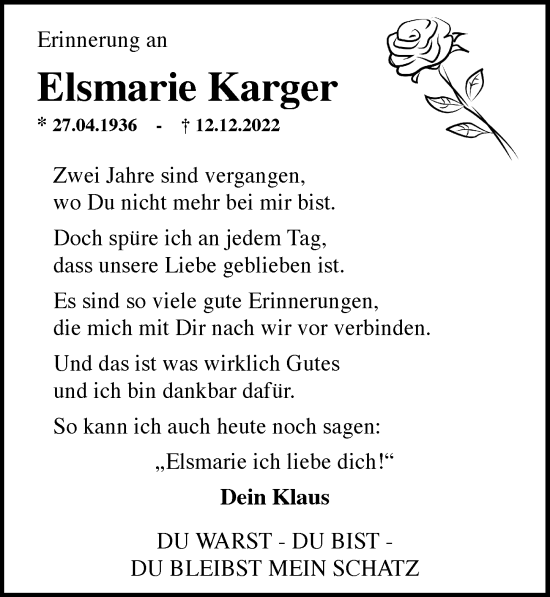 Traueranzeige von Elsmarie Karger von Rheingau Kurier