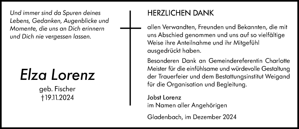 Traueranzeige für Elza Lorenz vom 21.12.2024 aus Hinterländer Anzeiger