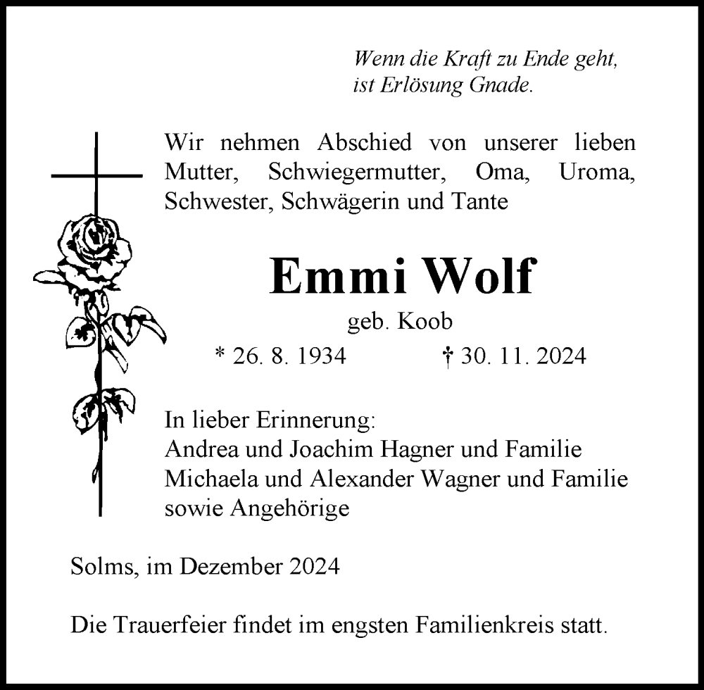  Traueranzeige für Emmi Wolf vom 07.12.2024 aus Wetzlarer Neue Zeitung
