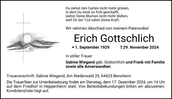 Traueranzeige von Erich Gottschlich von Starkenburger Echo