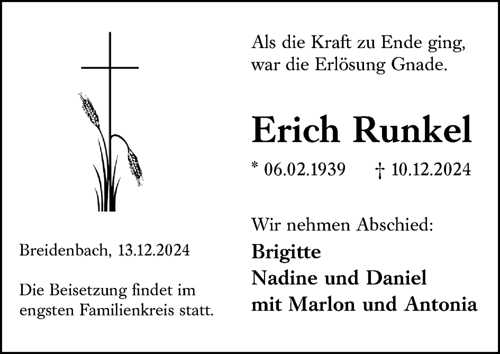  Traueranzeige für Erich Runkel vom 13.12.2024 aus Hinterländer Anzeiger