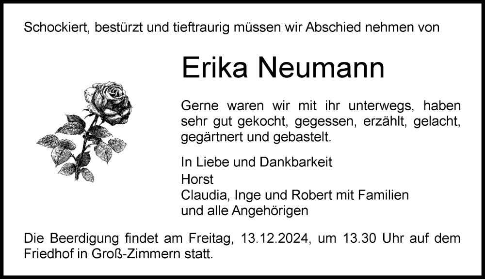  Traueranzeige für Erika Neumann vom 07.12.2024 aus Dieburger Anzeiger/Groß-Zimmerner Lokal-Anzeiger