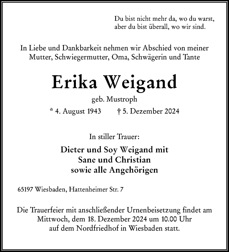  Traueranzeige für Erika Weigand vom 14.12.2024 aus Wiesbadener Kurier