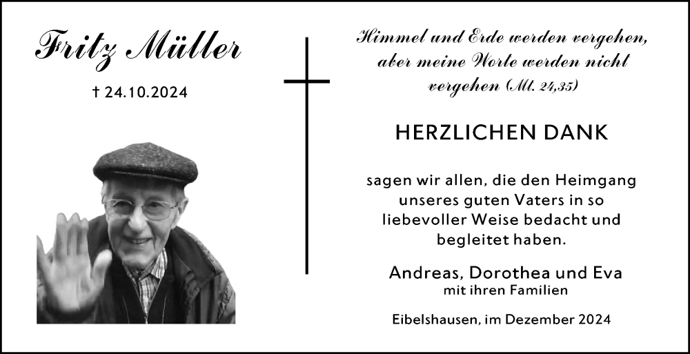  Traueranzeige für Fritz Müller vom 07.12.2024 aus Dill Block