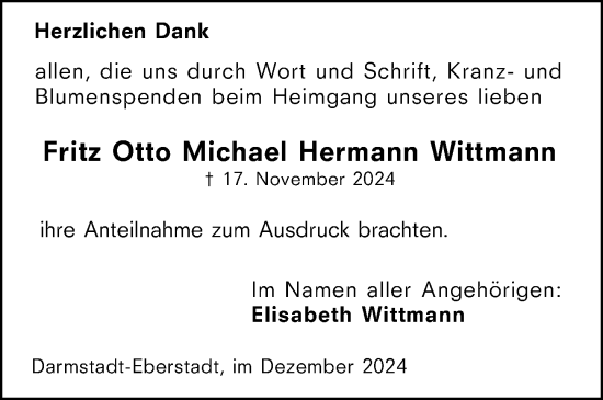 Traueranzeige von Fritz Otto Michael Hermann Wittmann von Darmstädter Echo
