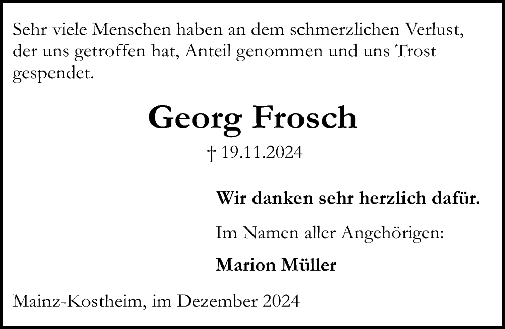  Traueranzeige für Georg Frosch vom 21.12.2024 aus Allgemeine Zeitung Mainz