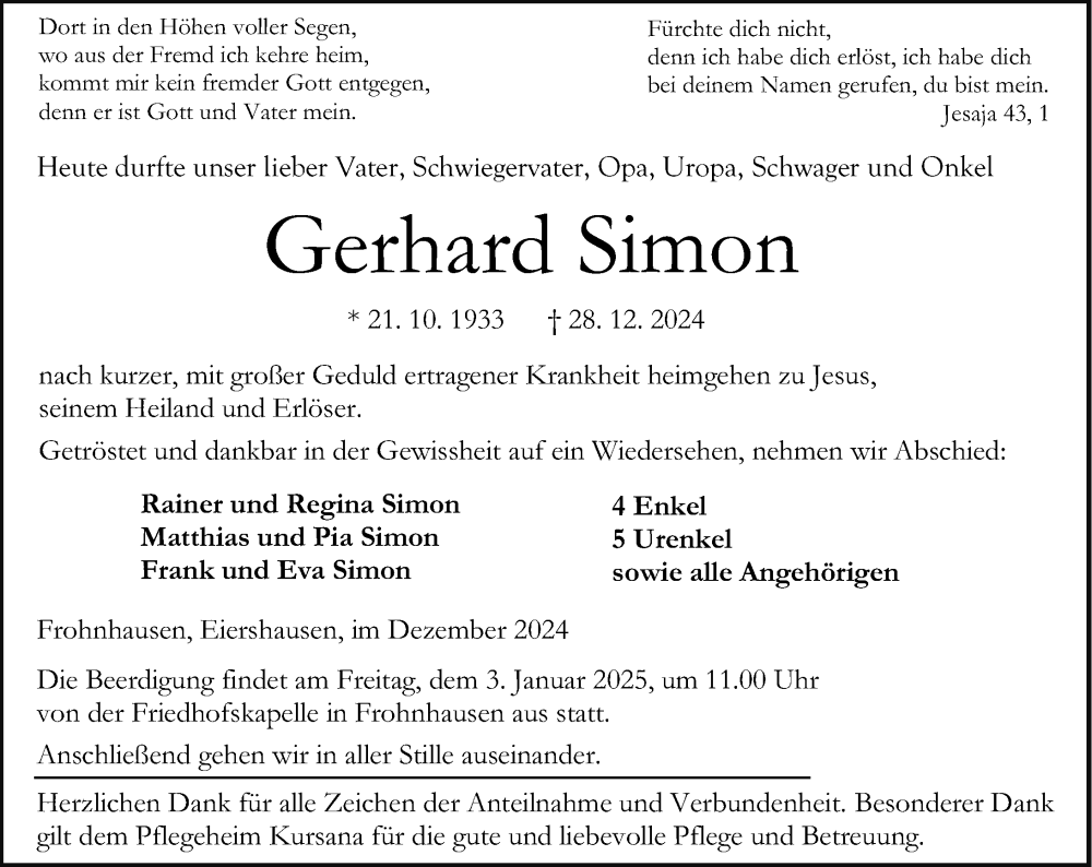  Traueranzeige für Gerhard Simon vom 31.12.2024 aus Dill Block