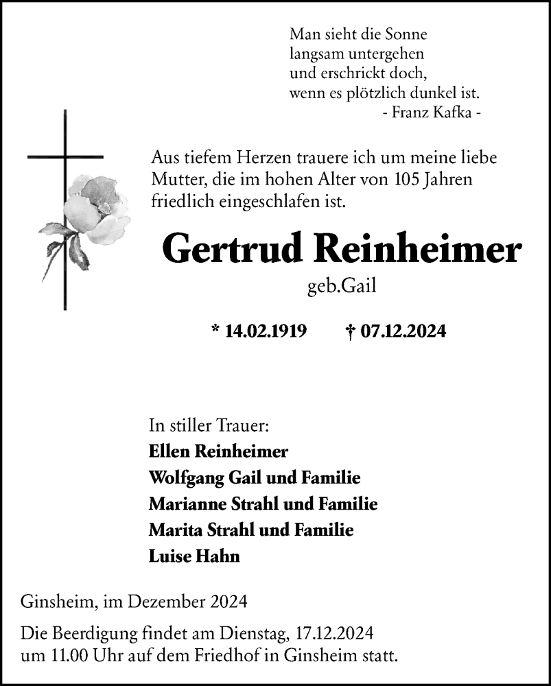  Traueranzeige für Gertrud Reinheimer vom 16.12.2024 aus Allgemeine Zeitung Mainz