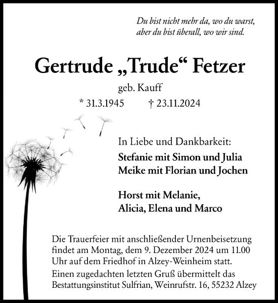 Traueranzeige von Gertrude Fetzer von Alzeyer Wochenblatt
