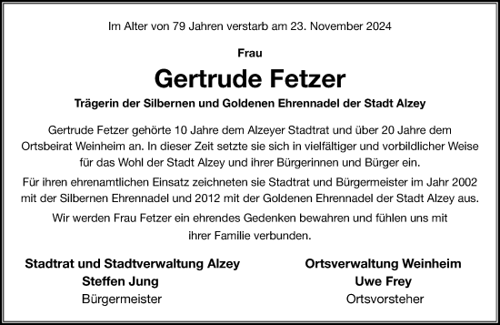 Traueranzeige von Gertrude Fetzer von Allgemeine Zeitung Alzey