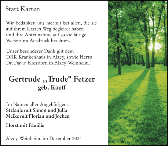 Traueranzeige von Gertrude Fetzer von Allgemeine Zeitung Alzey
